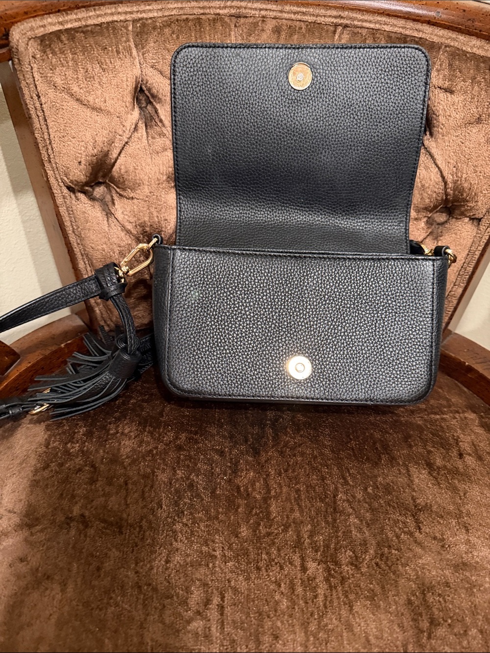 Tory Burch Black Pebbled Leather Crossbody with Tassels - Picture 4 of 12